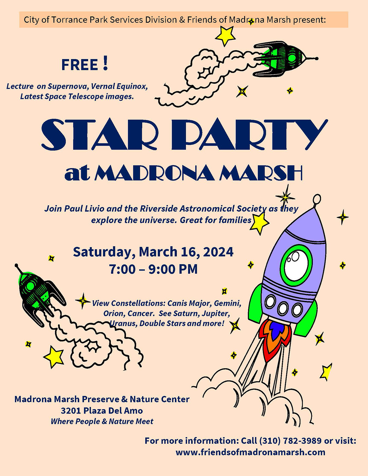 Star Party at Madrona Marsh Saturday, 3/16/24